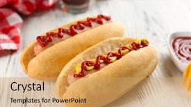  Presentation with dogs - Slides enhanced with tea sausages - delicious hot-dogs with chips background and a yellow colored foreground