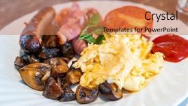  Presentation with english - Theme having tea sausages - full english breakfast on table background and a coral colored foreground