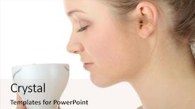  Presentation with tea coffee - Slides featuring tea service - young attractive blond woman drinking background and a  colored foreground