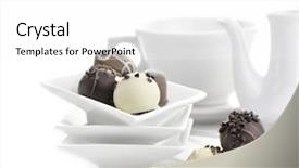  Presentation with peppermint candy cane on white - Cool new theme with coffee pralines - chocolate candies assortment backdrop and a white colored foreground