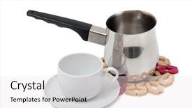  Presentation with porcelain - Theme having porcelain cup and metal pots background and a white colored foreground