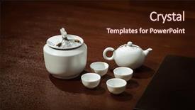  Presentation with traditional musical instruments angklung wood - Presentation having tea set on a wooden table in a traditional asian tearoom include teapot and teacups and tea caddy background and a wine colored foreground