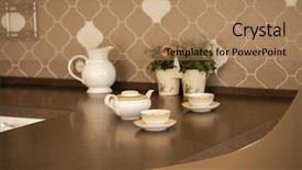  Presentation with tea samples - PPT theme consisting of tea set on the kitchen background and a coral colored foreground
