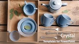  Presentation with tea - Beautiful PPT theme featuring tea set on wooden background backdrop and a coral colored foreground