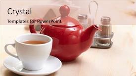  Presentation with healthy food and tea - Presentation theme featuring tea set background and a coral colored foreground