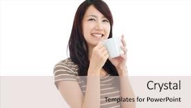  Presentation with coffee - Audience pleasing PPT theme consisting of tea time break - beautiful young woman drinking coffee backdrop and a soft green colored foreground