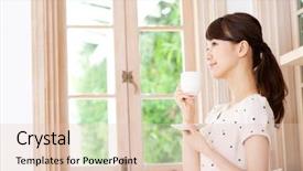  Presentation with sustainable coffee competition - PPT theme with tea time break - beautiful young woman drinking coffee background and a lemonade colored foreground