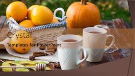  Presentation with tea leaves - Amazing slide deck having tea-with-lemon-honey-oranges backdrop and a gold colored foreground