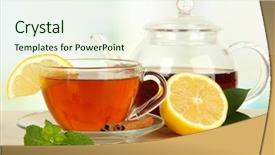  Presentation with cup of lemon tea - Colorful presentation enhanced with tea with lemon on table backdrop and a  colored foreground