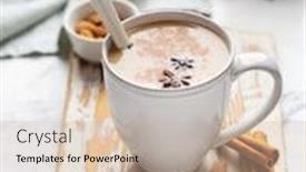  Presentation with milk tea - Amazing PPT theme having tea-with-milk-and-spices backdrop and a soft green colored foreground