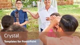  Presentation with summer camp show - Cool new presentation with teacher-and-boy-with-guitar backdrop and a tawny brown colored foreground