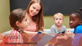  Presentation with children reading - Audience pleasing slides consisting of teacher-and-children-group-reading backdrop and a coral colored foreground