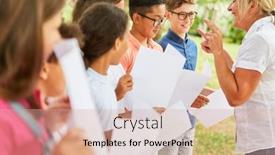  Presentation with summer camp show - Colorful PPT layouts enhanced with teacher-and-children-together backdrop and a coral colored foreground