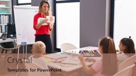  Presentation with kids space - PPT layouts with teacher-and-group-of-kids background and a coral colored foreground