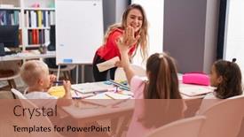  Presentation with kids space - PPT theme consisting of teacher-and-group-of-kids background and a coral colored foreground