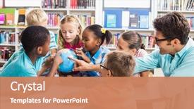  Presentation with school kids - Beautiful theme featuring teacher and kids discussing globe backdrop and a coral colored foreground