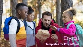  Presentation with teacher - Presentation featuring teacher-and-kids-examining-rock background and a tawny brown colored foreground