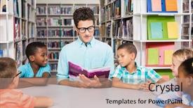  Presentation with kids reading book - Slides having teacher and kids reading book in library at school background and a coral colored foreground