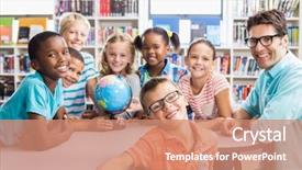  Presentation with globe - Cool new presentation theme with teacher and kids with globe backdrop and a  colored foreground