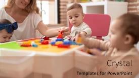  Presentation with preschool - Slides enhanced with teacher-and-preschool-students-playing background and a coral colored foreground