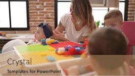  Presentation with preschool - Presentation with teacher-and-preschool-students-playing background and a coral colored foreground