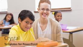  Presentation with pupil - Presentation theme enhanced with teacher-and-pupil-smiling background and a yellow colored foreground