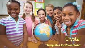  Presentation with elementary - Beautiful PPT theme featuring teacher and pupils looking at globe at the elementary school backdrop and a tawny brown colored foreground