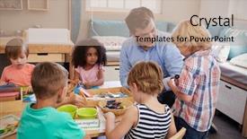  Presentation with montessori - Amazing slides having working at tables in montessori backdrop and a coral colored foreground