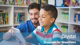  Presentation with digital library - Cool new slides with teacher and school kid using backdrop and a teal colored foreground