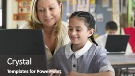  Presentation with classroom - Beautiful slides featuring teacher and schoolgirl using laptop backdrop and a dark gray colored foreground