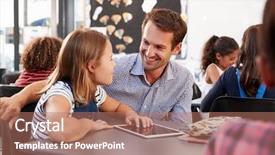  Presentation with teacher - PPT layouts having teacher and schoolgirl using tablet background and a coral colored foreground