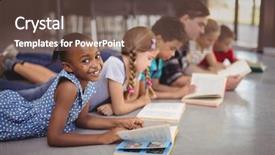  Presentation with school kids reading books - Cool new PPT layouts with lying on floor while reading backdrop and a tawny brown colored foreground