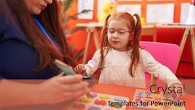  Presentation with playing cards - PPT theme enhanced with teacher-and-student-playing background and a coral colored foreground
