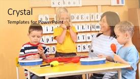  Presentation with teacher - Slide set consisting of teacher and three preschoolers playing background and a  colored foreground