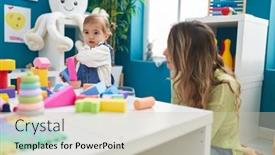  Presentation with geometry - Presentation design with teacher-and-toddler-playing background and a soft green colored foreground