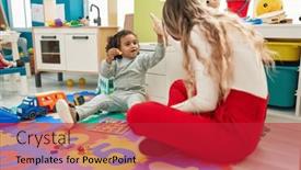  Presentation with maths - Presentation design featuring teacher-and-toddler-playing background and a crimson colored foreground