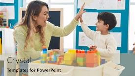  Presentation with blocks - PPT theme consisting of teacher-and-toddler-playing background and a coral colored foreground