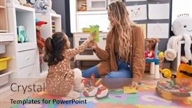  Presentation with language - Slide deck consisting of teacher-and-toddler-sitting background and a coral colored foreground