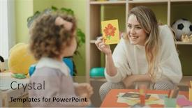  Presentation with language - PPT theme having teacher-and-toddler-sitting background and a coral colored foreground