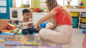  Presentation with shoe - PPT theme having teacher-and-toddler-tying-shoe background and a coral colored foreground