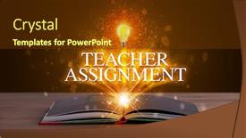  Presentation with educational - Presentation design featuring teacher assignment inscription coming out from an open book educational concept background and a tawny brown colored foreground