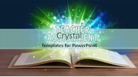  Presentation with open book - Amazing PPT theme having teacher-assignment-inscription-coming-out backdrop and a light blue colored foreground