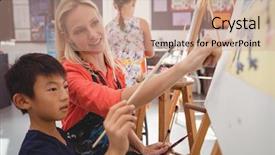  Presentation with class - PPT theme with teacher assisting schoolboy in drawing background and a coral colored foreground