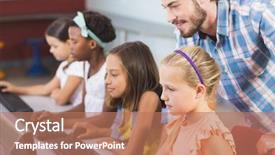  Presentation with teaching and learning - Slide set consisting of teacher assisting schoolgirls in learning background and a coral colored foreground