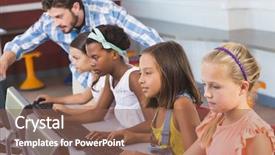  Presentation with teaching and learning - Amazing slide deck having teacher assisting schoolgirls in learning backdrop and a violet colored foreground