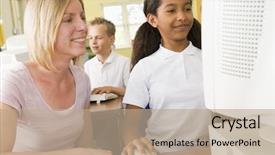  Presentation with terminal - Colorful PPT theme enhanced with teacher at computer terminal backdrop and a coral colored foreground