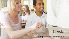  Presentation with terminal - Slide set consisting of teacher at computer terminal background and a soft green colored foreground