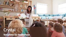 Presentation with children story - PPT theme having teacher at montessori school reading background and a tawny brown colored foreground