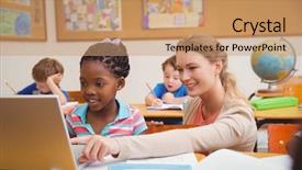  Presentation with elementary school career day and technology and black female teacher - PPT layouts enhanced with teacher at the elementary school background and a coral colored foreground