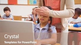  Presentation with elementary school - Presentation theme having teacher covering pupil eyes background and a coral colored foreground